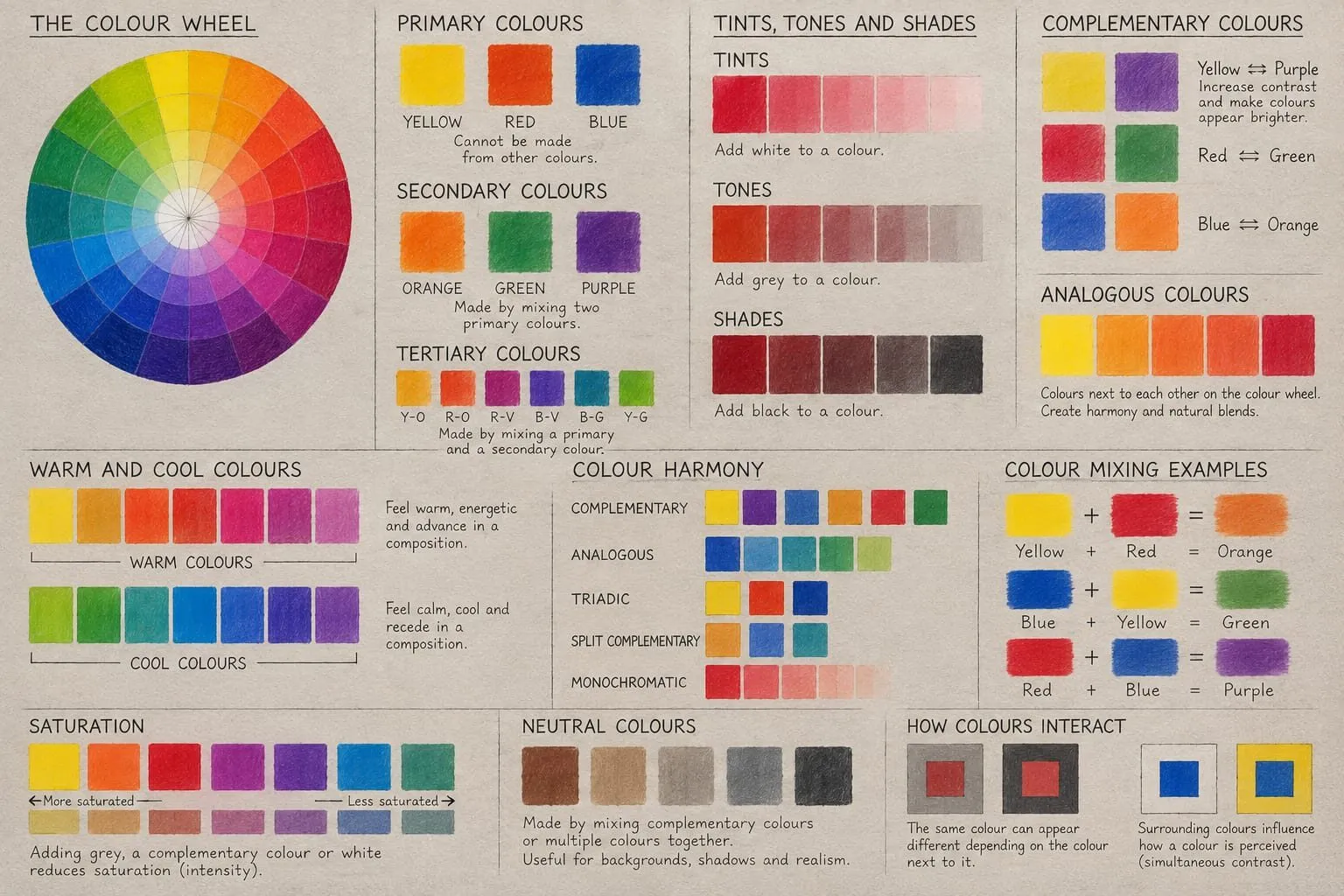A hand-lettered colour theory chart showing the colour wheel, primary, secondary and tertiary colours, tints, tones and shades, harmony schemes and mixing examples