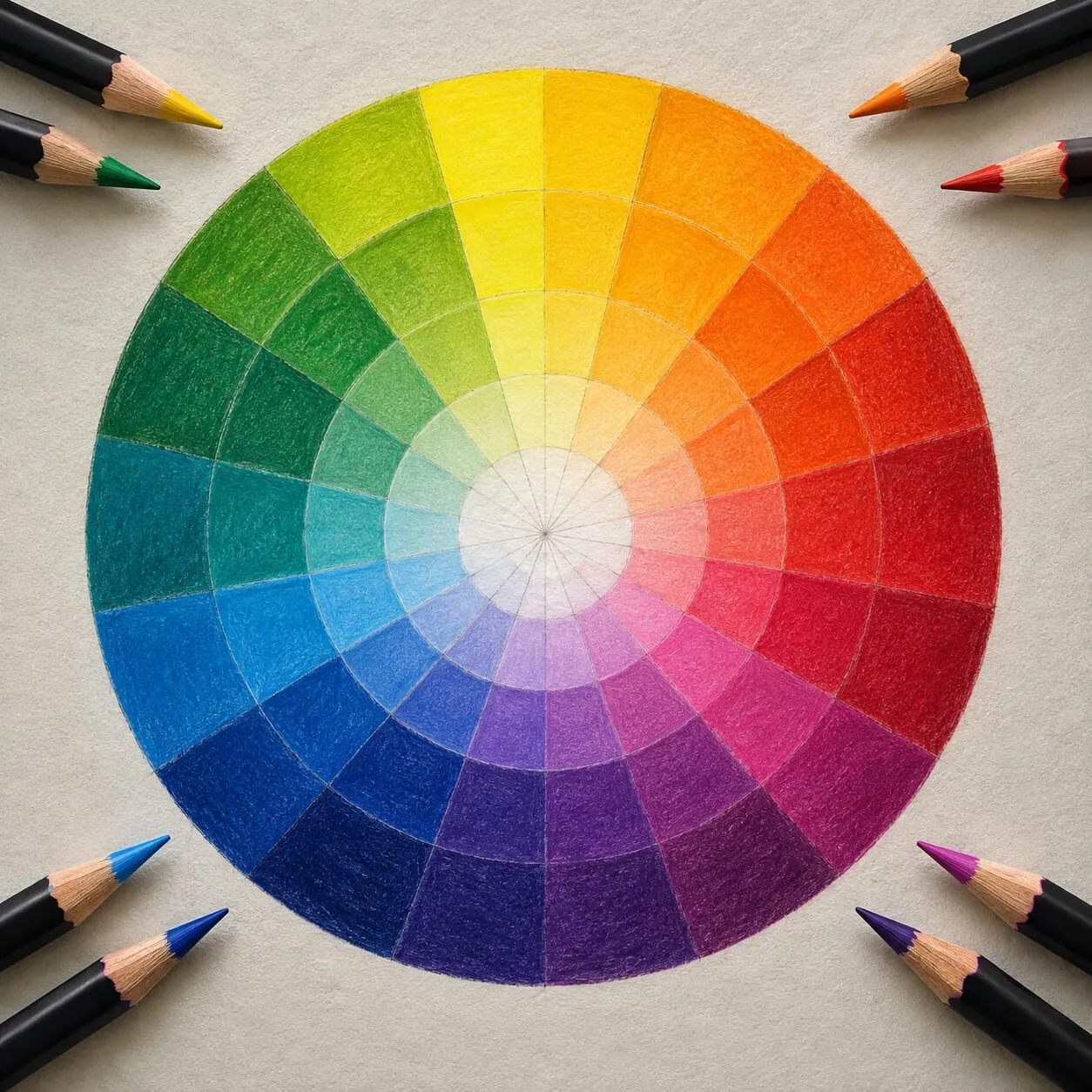 A colour wheel of radiating rings of colour surrounded by sharpened coloured pencils