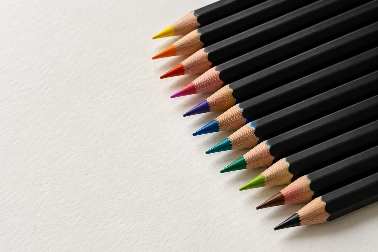 A row of sharpened coloured pencils fanned across white paper