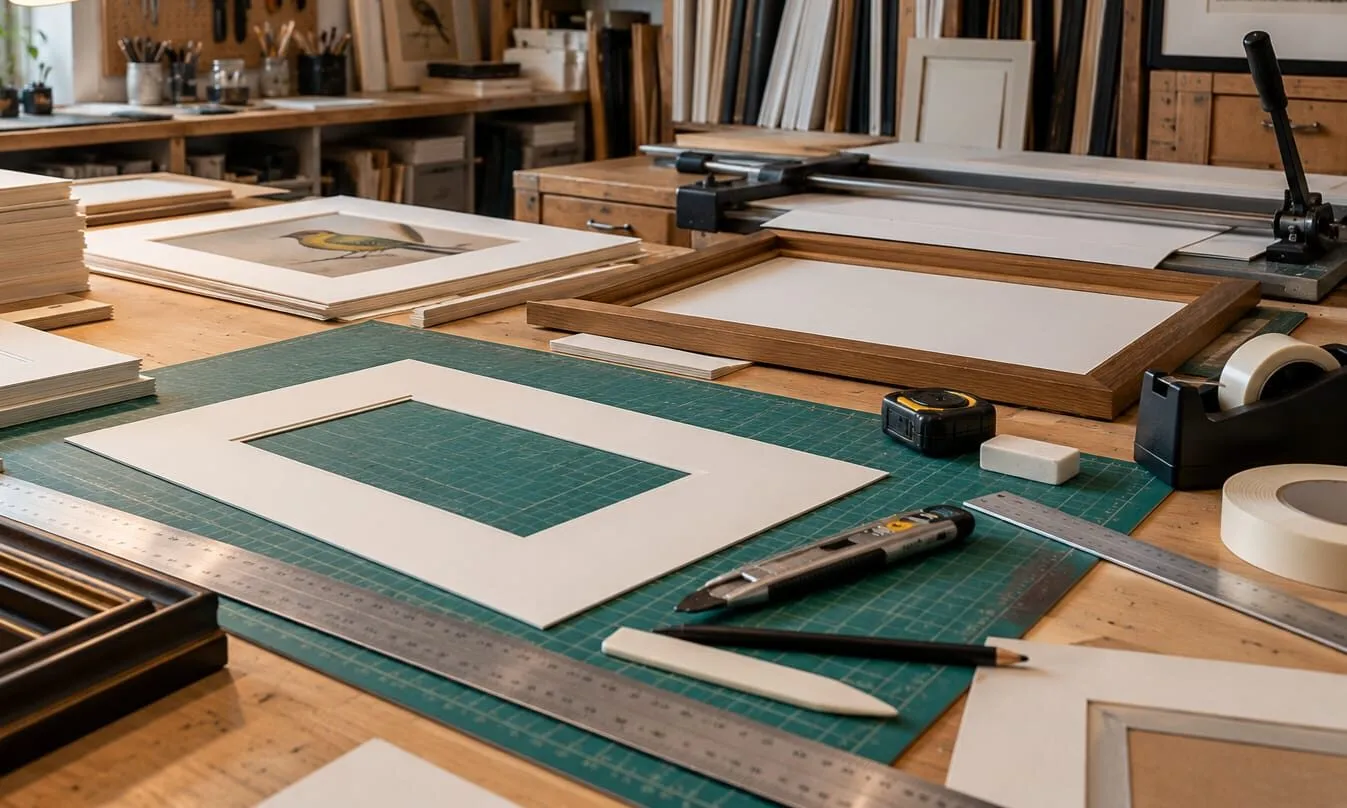 A mount-cutting bench with a cutting mat, ruler, mount board and frame mouldings