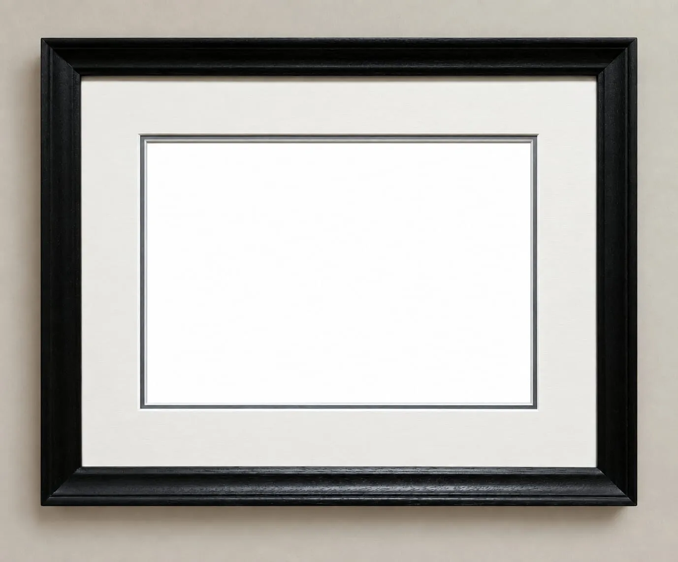 A black picture frame with a white mount in landscape format