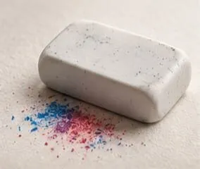 A white eraser on paper with coloured pencil dust beside it