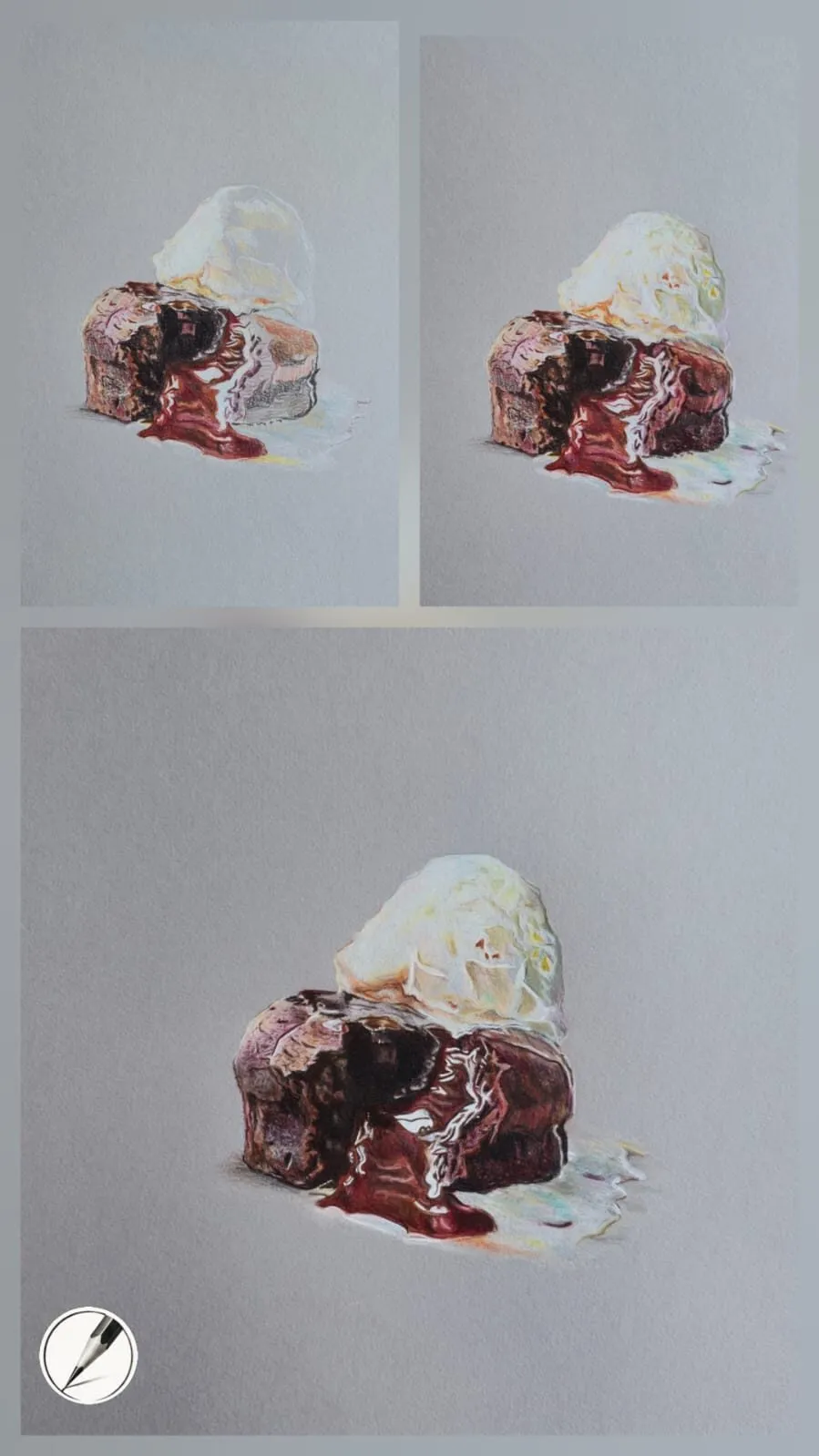 A chocolate dessert with ice cream drawn in coloured pencil, shown in three stages