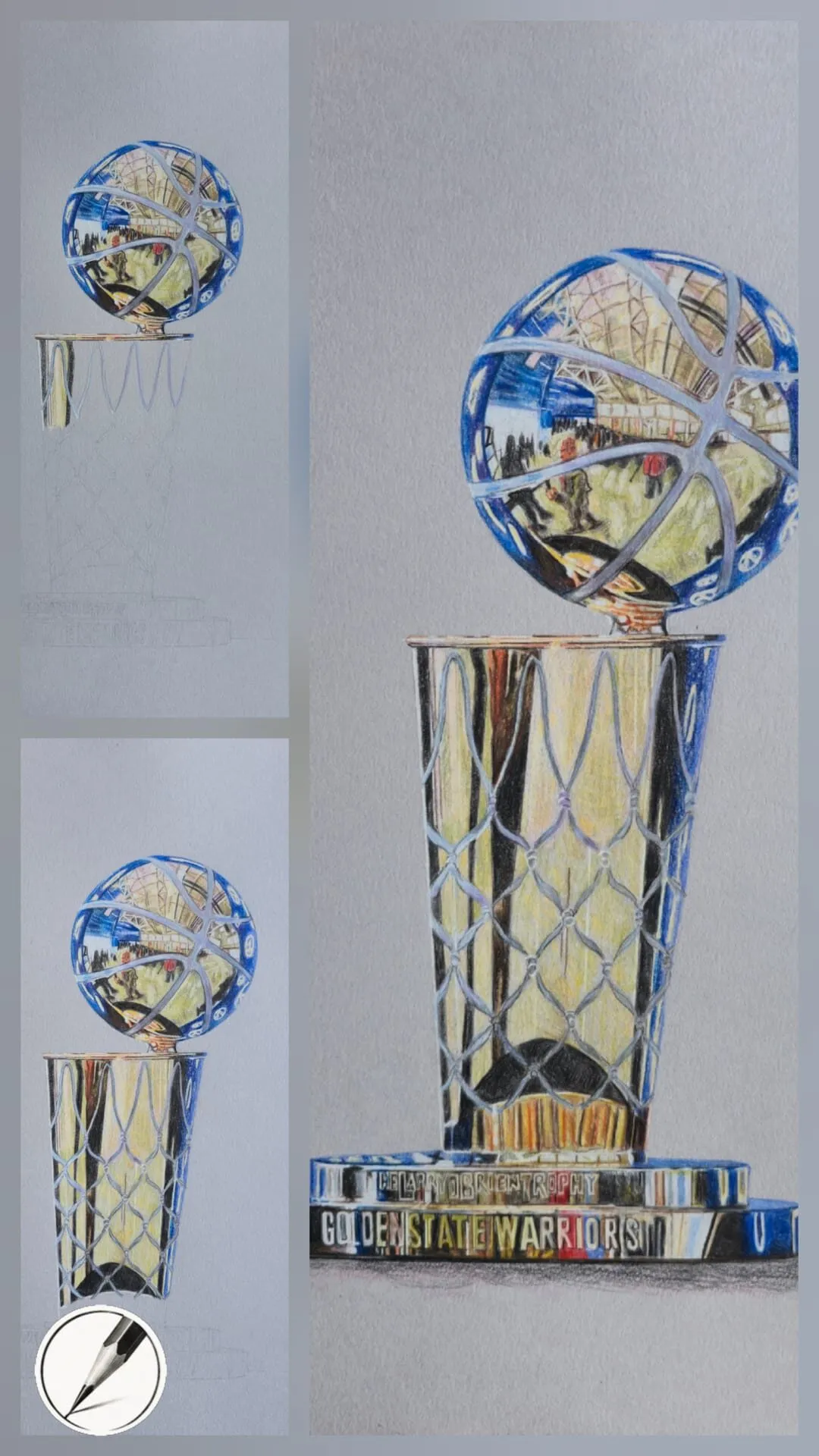 A silver and gold basketball trophy drawn in coloured pencil, shown in three stages