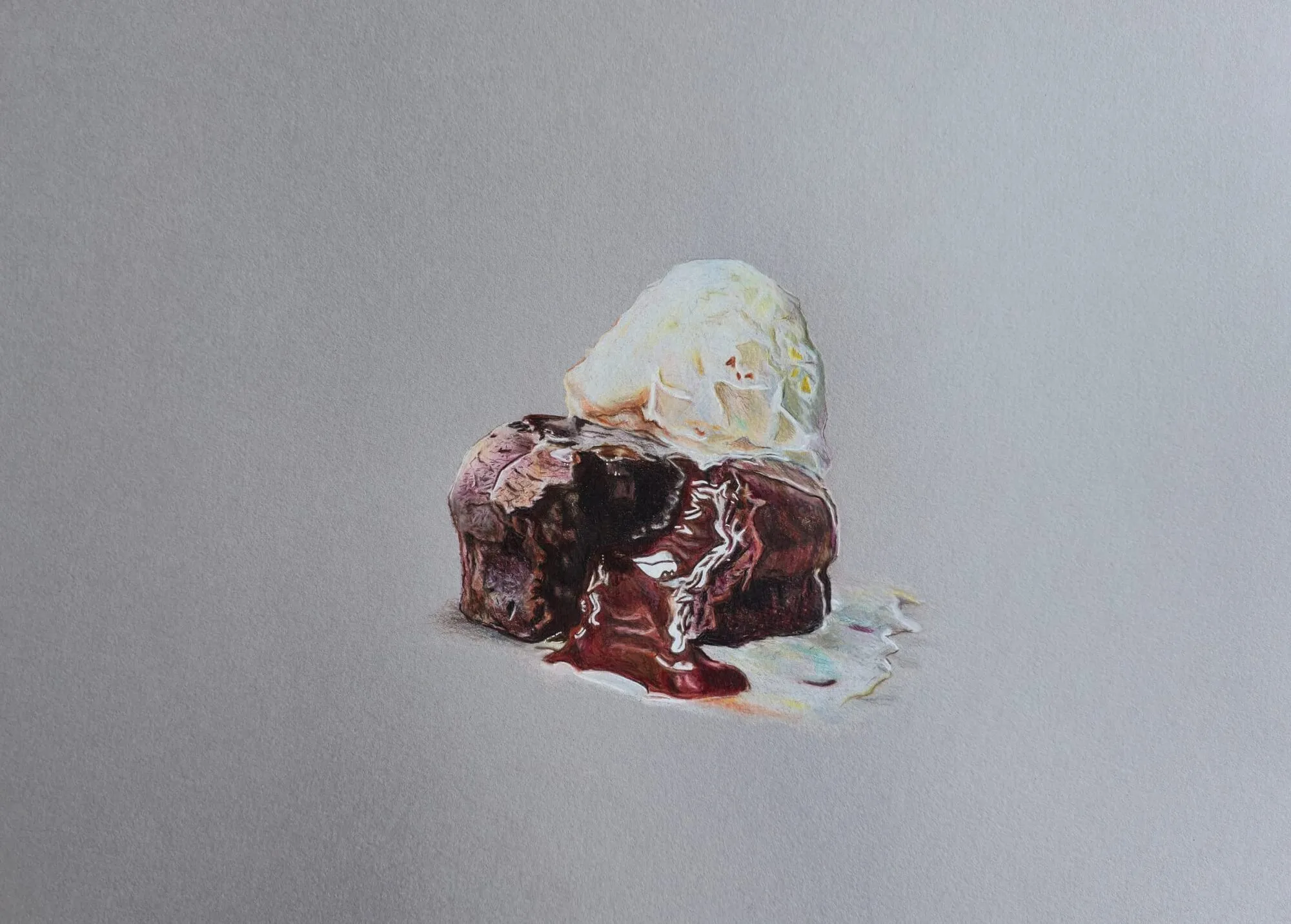 A molten chocolate dessert drawn in coloured pencil on grey paper