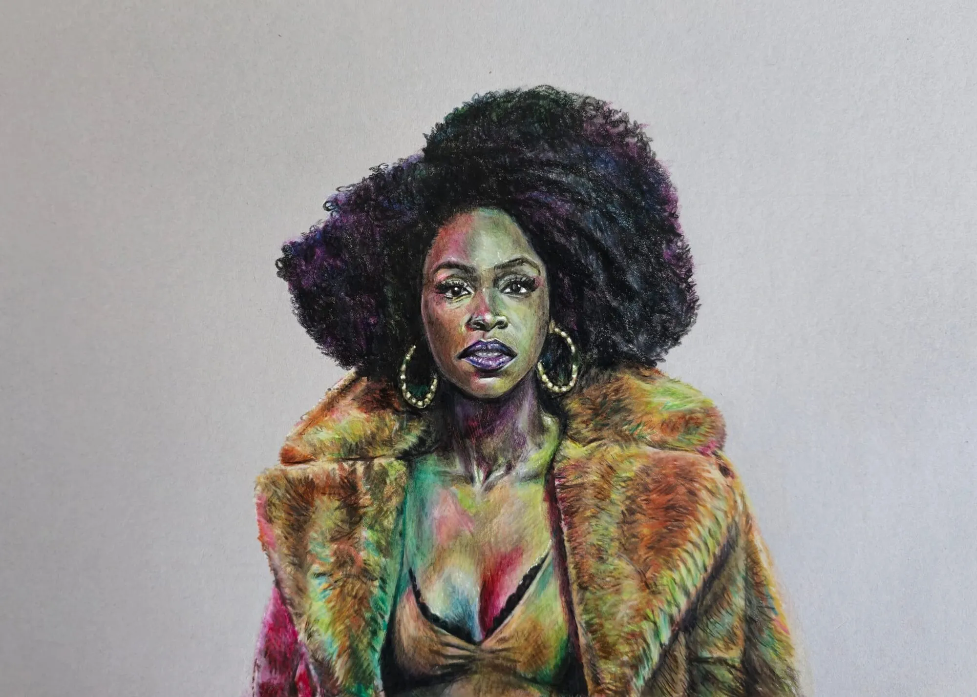 A portrait of a woman in a multicoloured fur coat drawn in coloured pencil