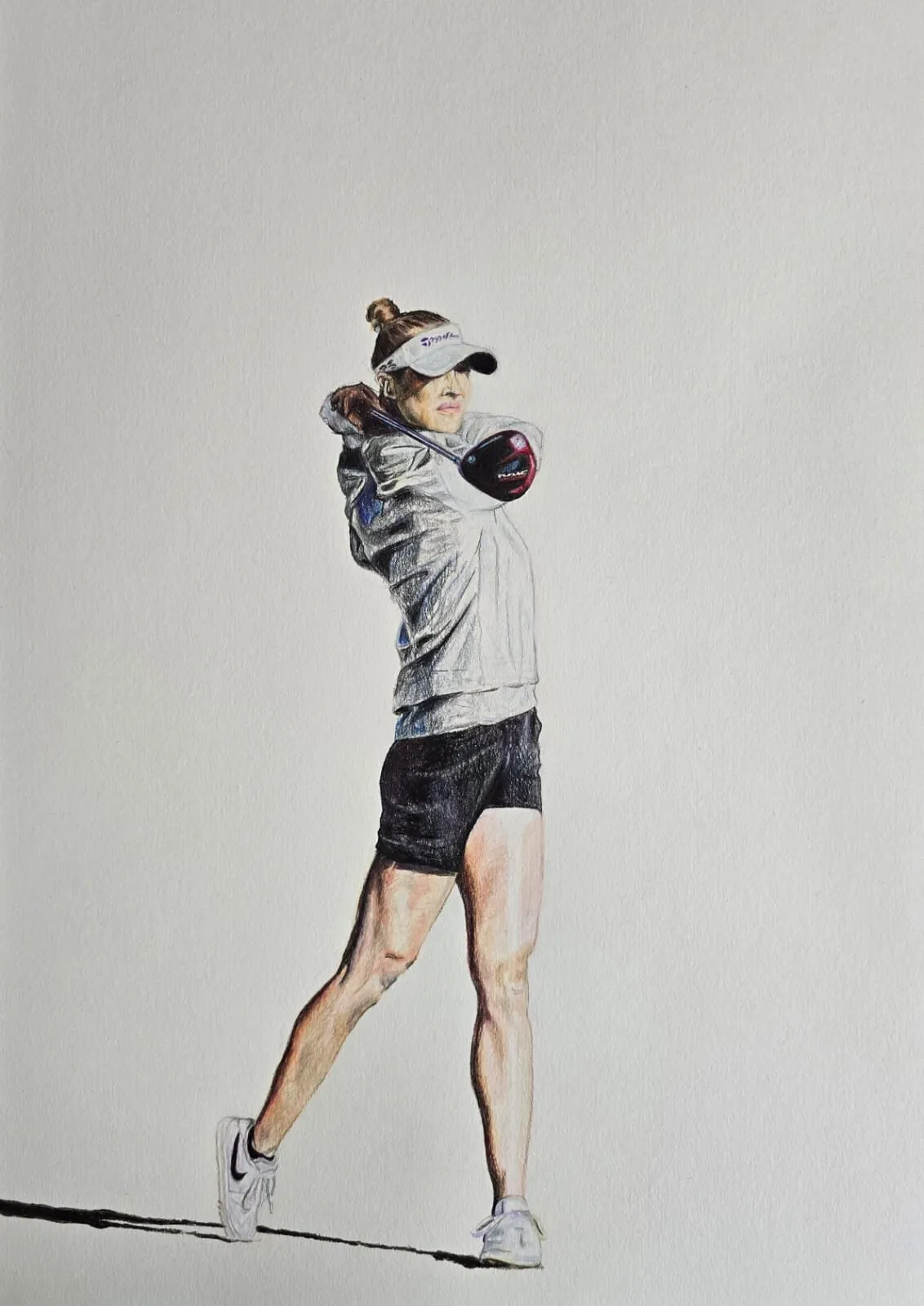 A golfer mid-swing drawn in coloured pencil