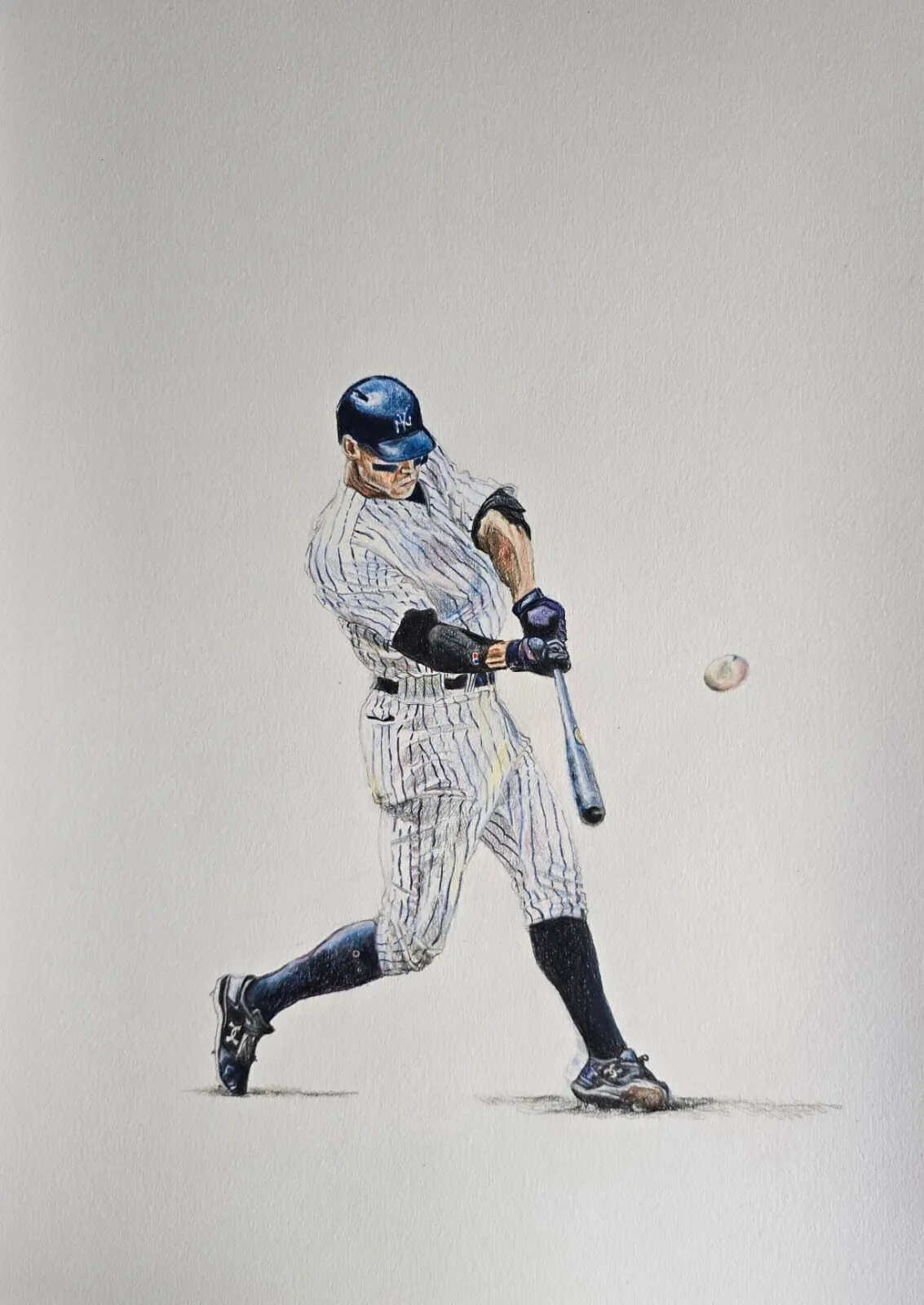 A baseball batter mid-swing drawn in coloured pencil