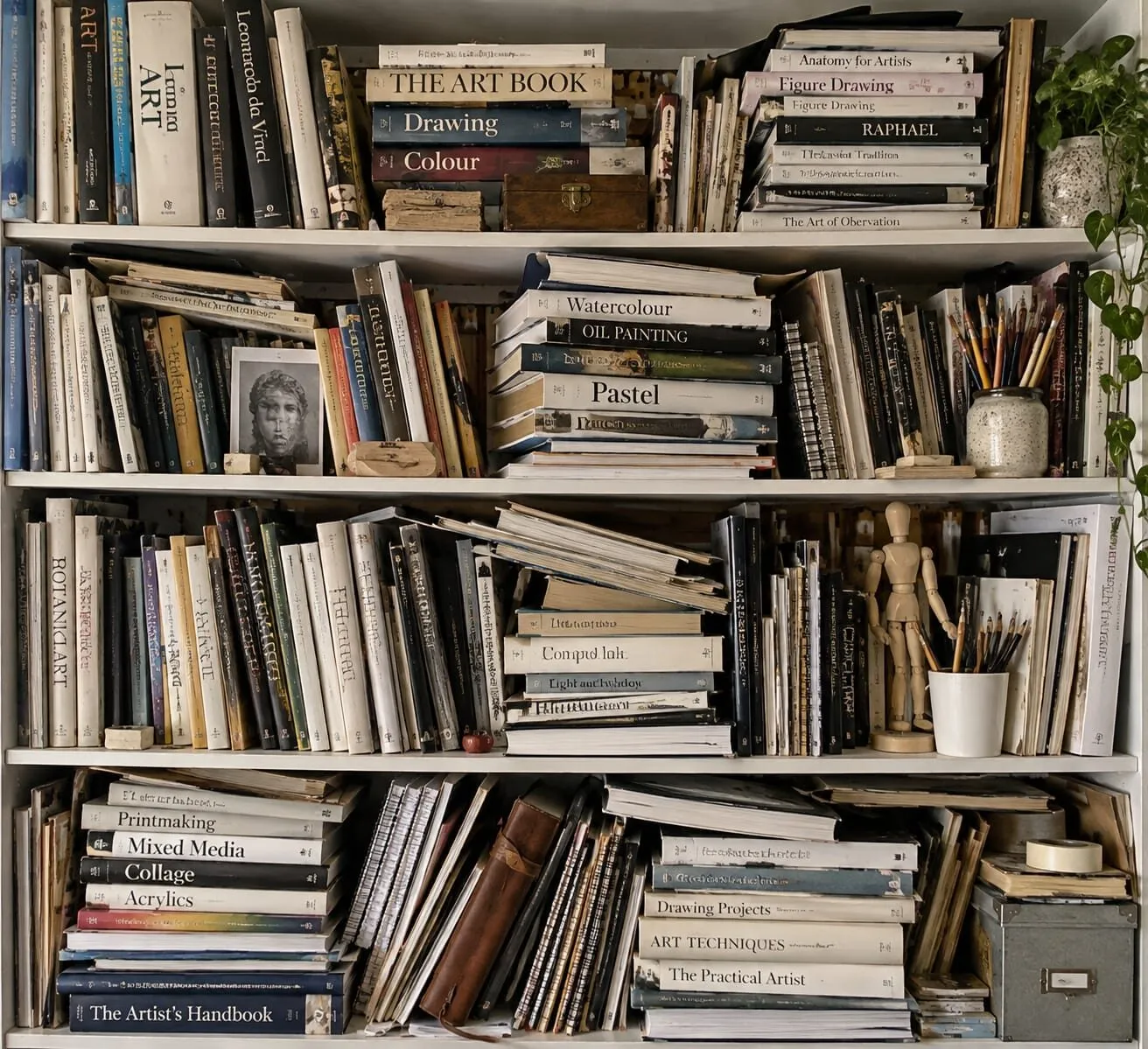 A bookshelf filled with art books and sketchbooks