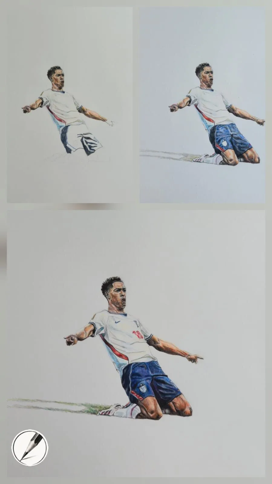 A footballer in a dynamic pose drawn in coloured pencil, with shadow and grass adding movement