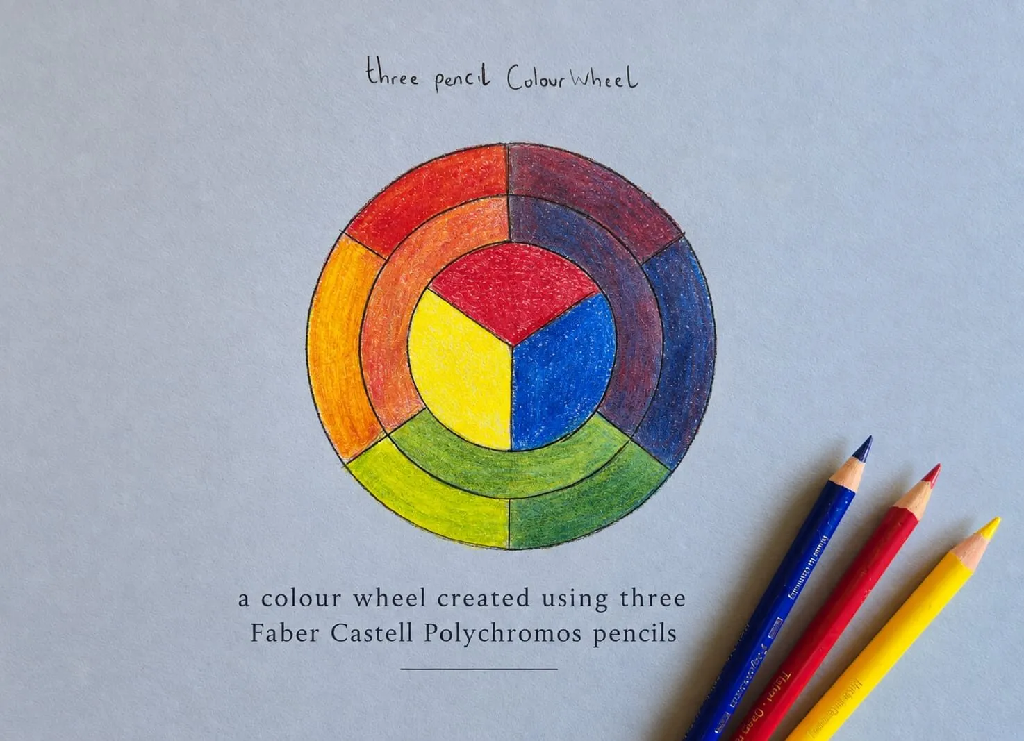 A hand-drawn colour wheel made with three Faber-Castell Polychromos pencils on blue-grey paper