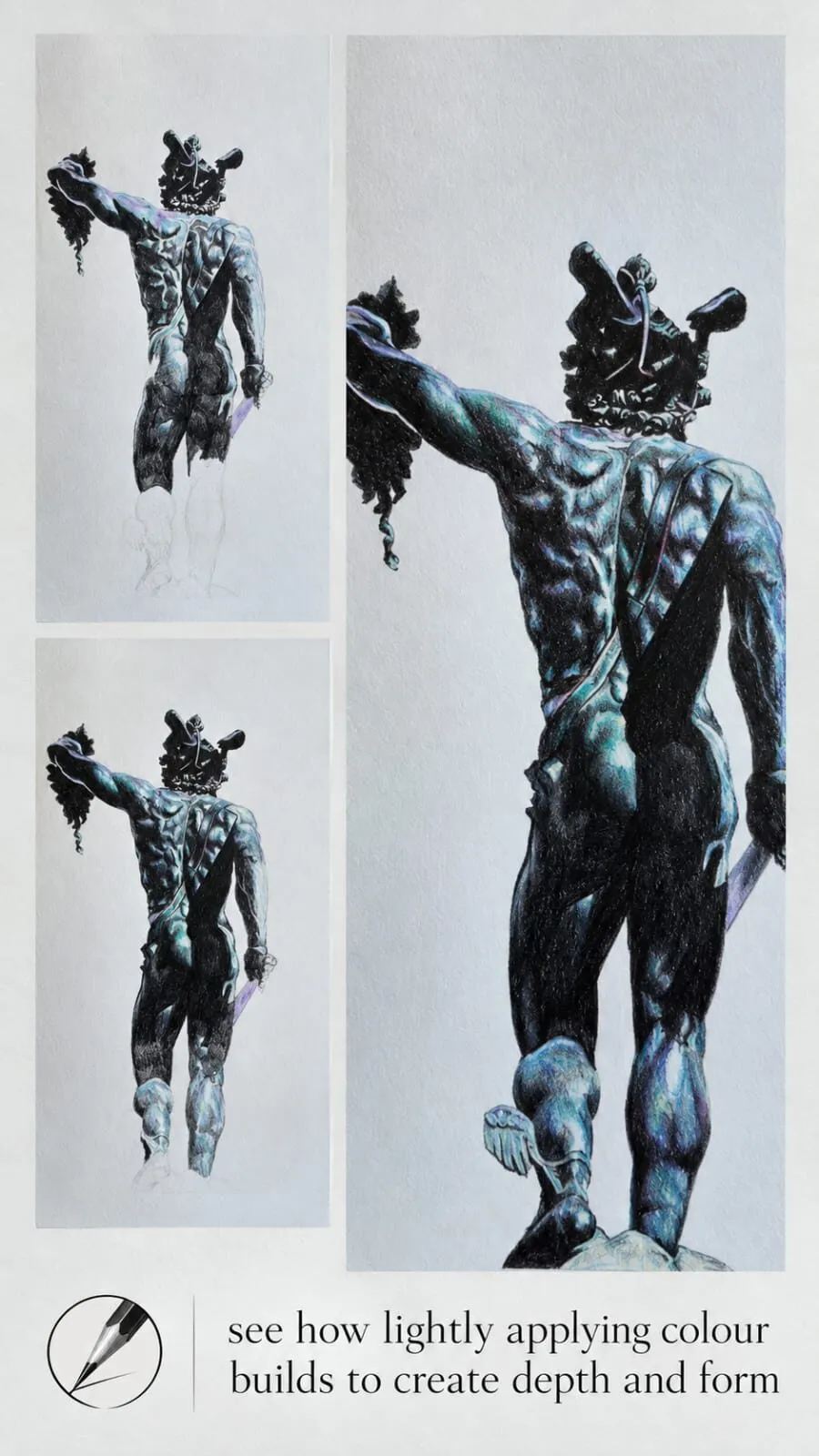 A bronze statue drawing shown in three stages, with lightly applied colour building depth and form