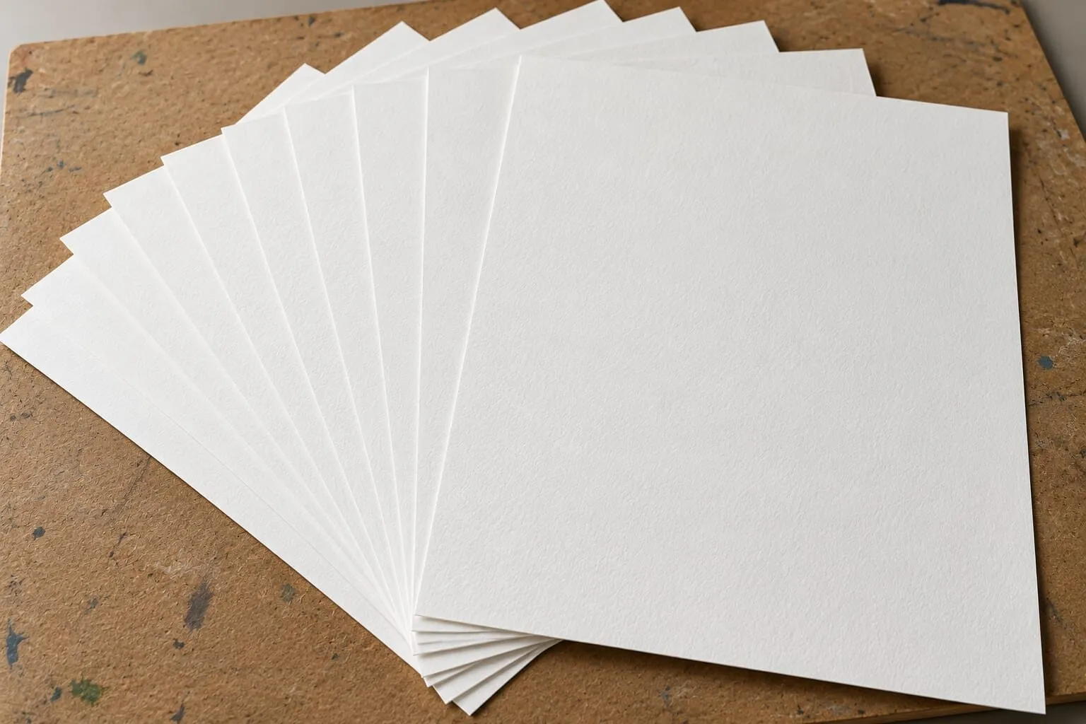A stack of white drawing paper sheets on a wooden board