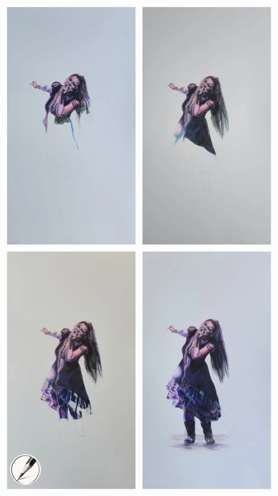 Four stages of a figure drawing, building colour gradually from a light start to a finished image