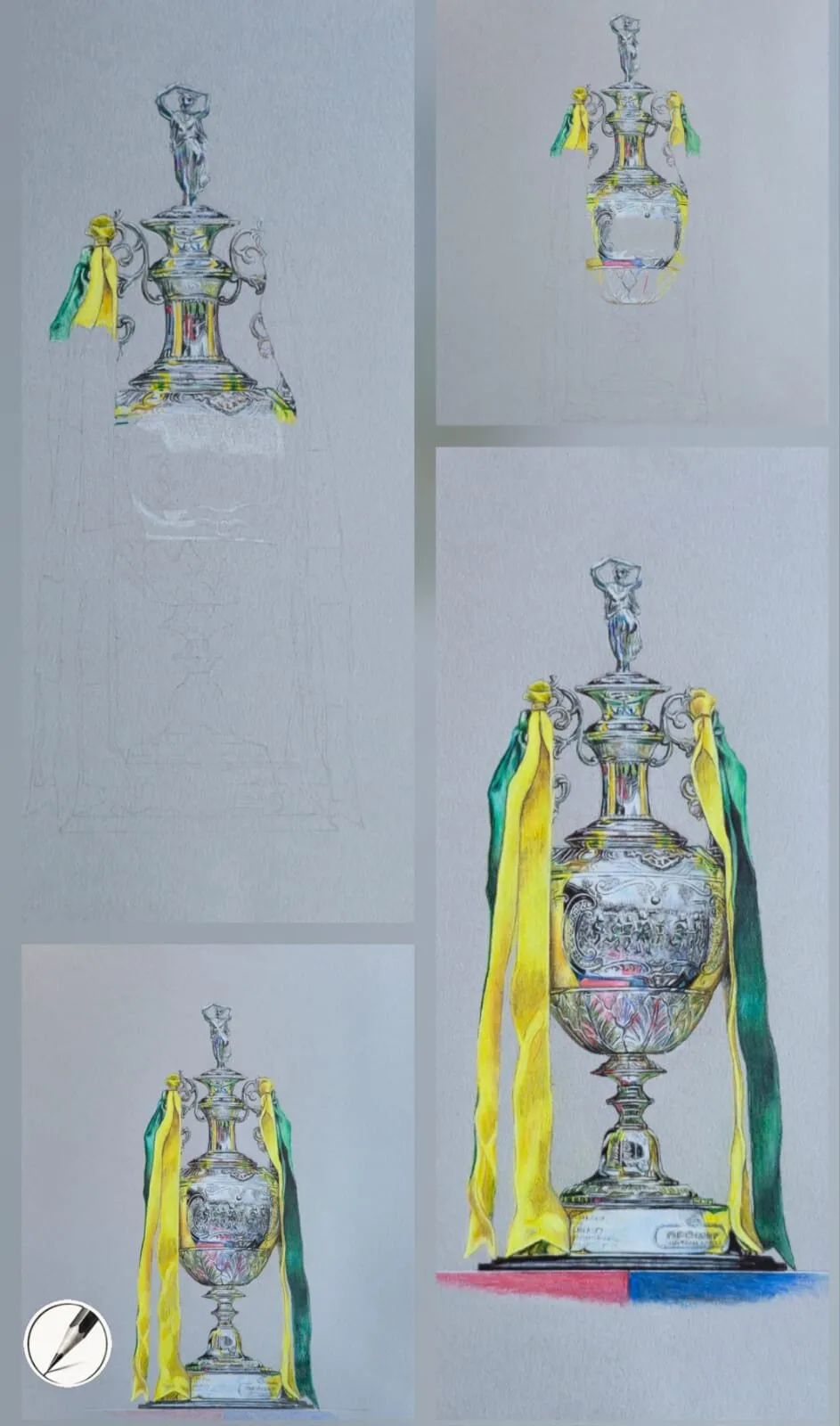 Stages of a silver trophy drawing on grey paper