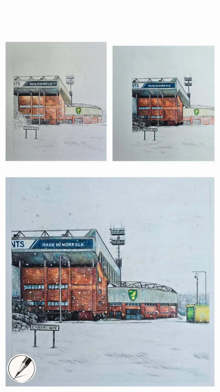 A football stadium in snow shown in stages, from pencil layout to base colours to final detail